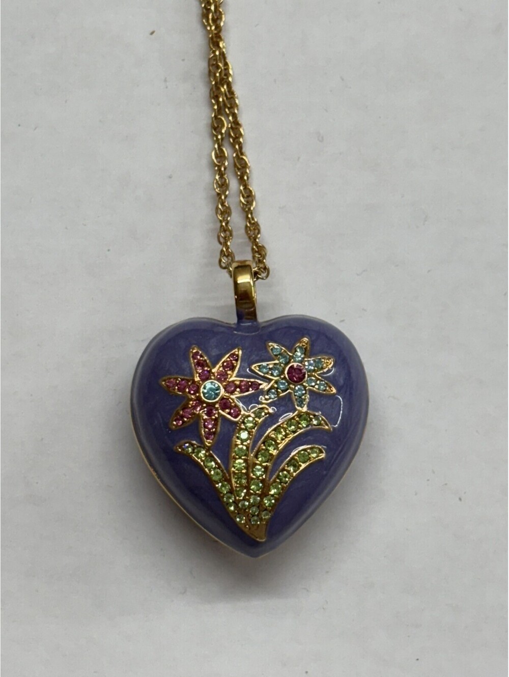Joan Rivers Purple Enamel Heart Pendant Necklace Puffed Puffy Swarovski Crystals